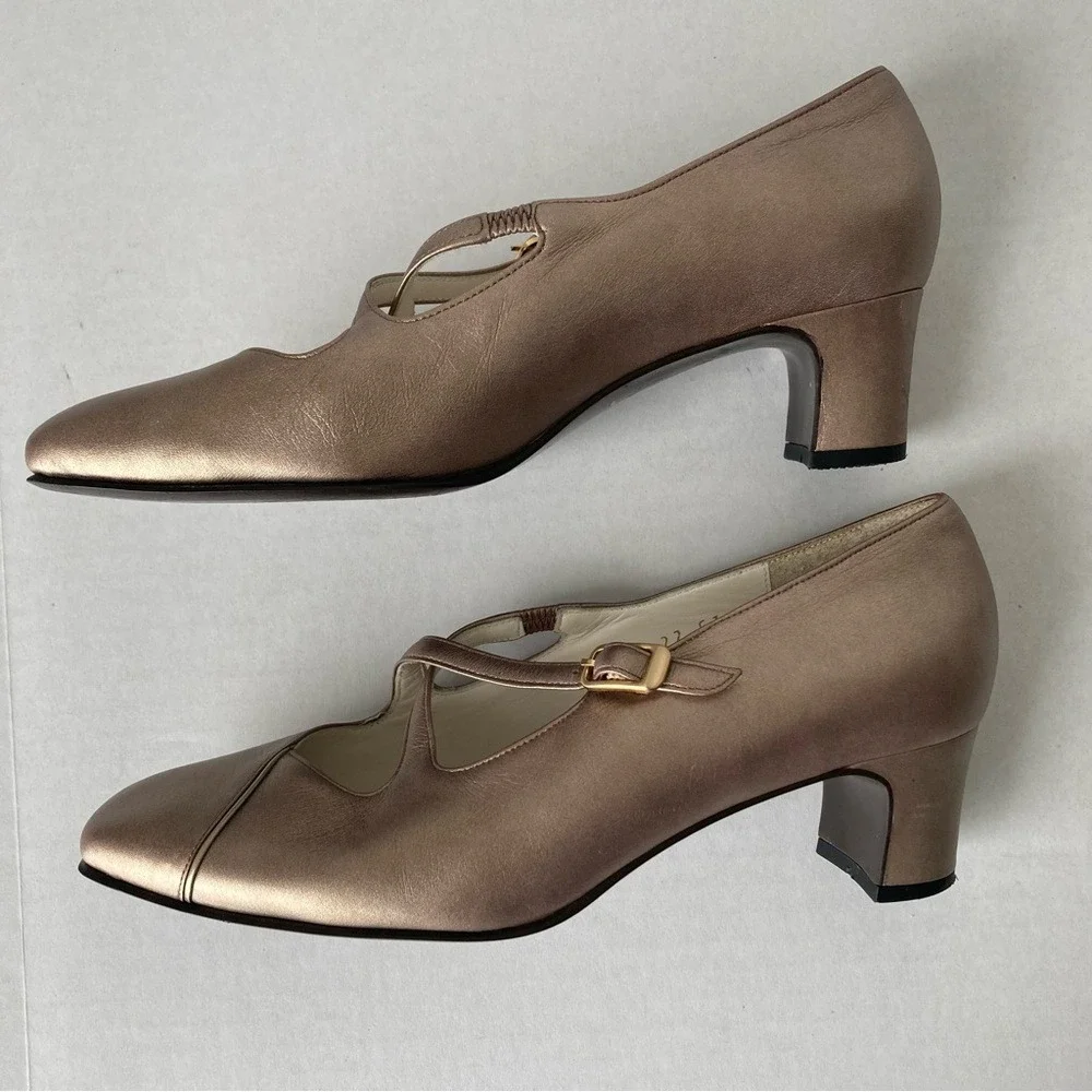 Yoshinoya Ginza‎ Tokyo Rose Gold Metallic Leather Mary Jane Block Heels Japan 22